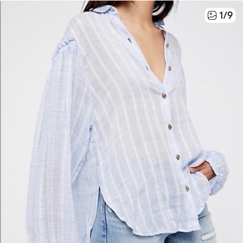 Free People Coastal Chic Shirt Blue White Stripes XS EUC